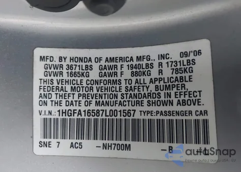 2007 Honda Civic Lx z USA, uszkodzony, nr VIN 1HGFA16587L001567